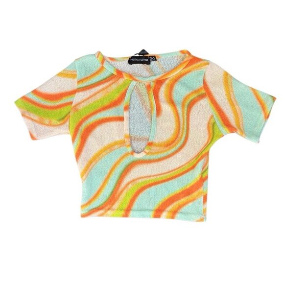 NWT PLT Lime Brushed Abstract Print Short Sleeve Cut Out Crop Top Size 2 XS - Picture 1 of 6